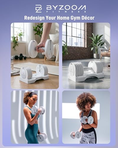 BYZOOM FITNESS Pure Series Adjustable Dumbbell - 12.5/25/27.5/50/55/75lb - ONE UNIT OR PAIR(check QTY before purchase) - 5-in-1/ 10-in-1 / 15-in-1 / 21-in-1 Flexible Hand Weights for Home Apartment Garage Gym, Strength Training & Fitness Workouts, White O