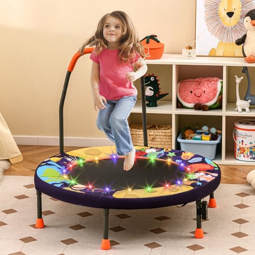 Goplus Foldable Toddler Trampoline for Kids, 36'' Recreational Mini Trampoline w/20 LED Lights, Foam Handle, Padded Safety Cover, Indoor Outdoor Exercise Rebounder for Boys Girls Aged 3-6 - style: Purple-Outer Space