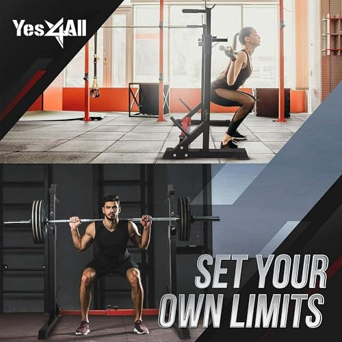 Yes4All Squat Rack for Home Gym, Adjustable Barbell Stand Rack, Multi-Function Weight Lifting, Dip Bar Station, Bench Press Rack Stand, Weight Plate Storage - Capacity Up to 600LBS - color: Adjustable Squat Rack - Black & Red - 690 lbs