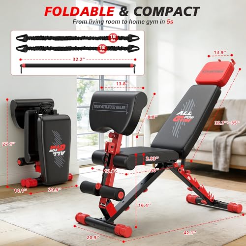 XDDIAS Workout Bench, Foldable Weight Bench with Variable Resistance Training Set, 880LBS Adjustable Bench with Leg Extension, Preacher Curl, Extended Headrest, Incline Decline Flat Bench for Strength Training