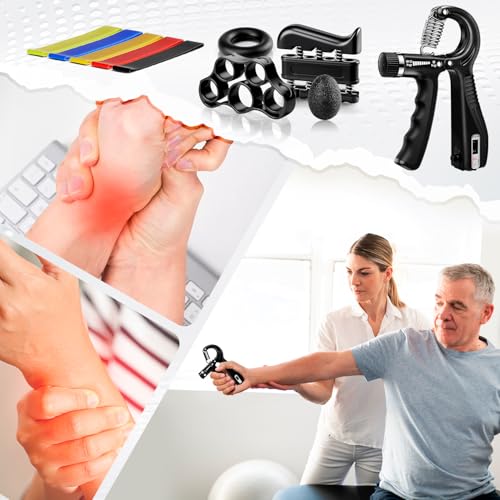 Grip Strength Trainer Kit (10-Pack): Adjustable Hand Gripper & Forearm Strengthener with Finger Stretcher, Ring, Stress Ball & 5 Bands for Muscle & Recovery.