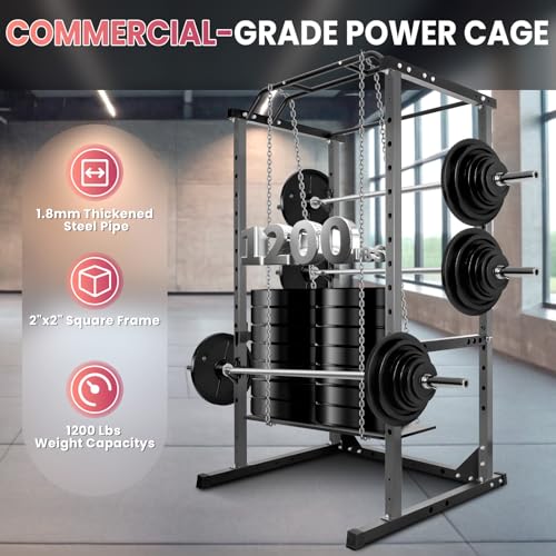 1200 LBS Power Rack Home Gym, 44.3'' x 45.6'' x 81.5'' Versatile Power Cage, Squat Rack with More Training Accessories, Multi-Grip Pull-Up Bar, Adjustable Safety Bars for Home Gyms (Black)