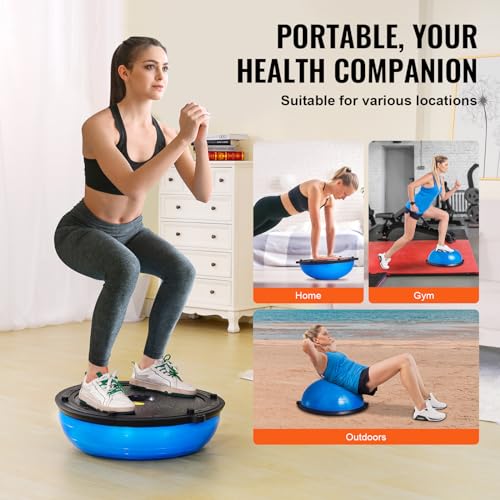 VEVOR Half Exercise Ball Trainer, 23/26 inch Balance Ball Trainer, 1500lbs Capacity Stability Ball, Yoga Ball with Resistance Bands & Foot Pump, Strength Fitness Ball for Home Gym Full Body Workout - color: 23" Ripple Blue