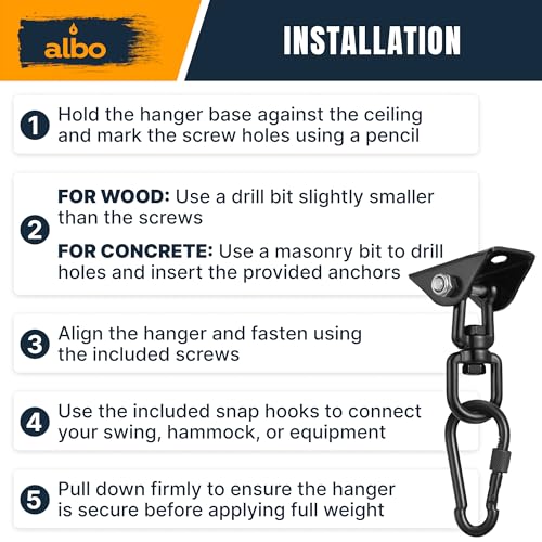 Albo 2650 LBS Ceiling Mount Swing Hanger Hook for Hammock Chair & Porch Swing, 360° Rotating Heavy Duty Bracket with Safety Carabiner, Punching Bag, Yoga Swing, TRX Strap, Garage Gym
