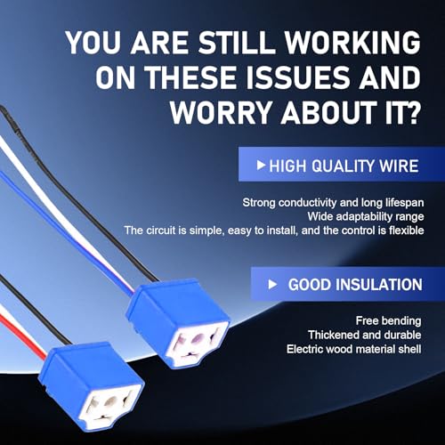 2 PCS H4 16AWG Wiring Harness Carlight Socket, Copper Core Ribbon Cable Connector with Terminal, Wider Ceramic Housing Triple Plug Base, Universal Lead-in Socket Female Plug Connector (Blue)