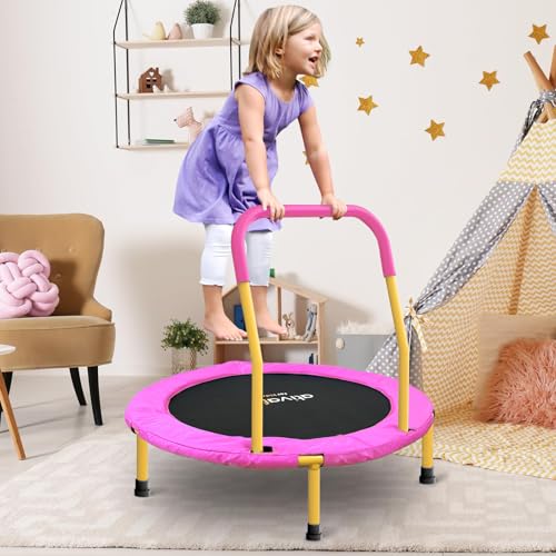 ATIVAFIT 36-Inch Toddler Trampoline with Foam Handle, Foldable Indoor Outdoor Mini Rebounder for Kids Ages 2–6 - color: Pink and yellow