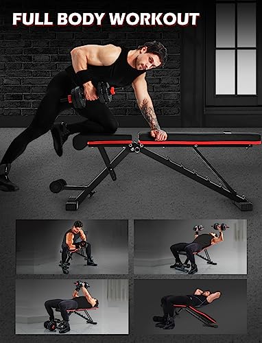 LINODI Adjustable Weight Bench for Home Gym,Foldable Incline Decline Flat Workout Bench for Full Body Strength Training, Dumbbell Press & Ab Exercises