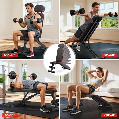 XDDIAS Workout Bench, 10 Backrests Adjustable Weight Bench with Extended Headrest, 800LBS Foldable Weight Bench for Home Gym, Incline Decline Flat Bench Compact for Small Space Training - color: Black