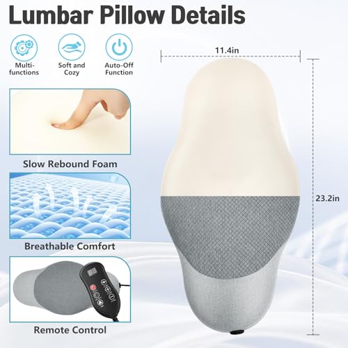 3 in 1 Electric Lumbar Support Pillow with Heated, Vibration & Traction Massage for Back, Adjustable Triple Fusion Back Support Pillow for Home, Office, Car