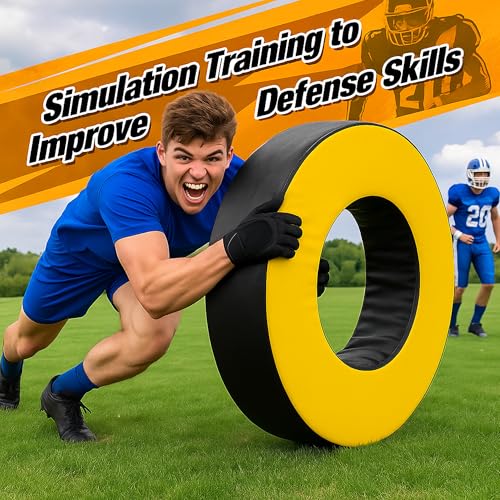 Football Tackle Wheel with Bonus Round Seat Pad, Youth Football Tackle Ring with Side Straps, High-Density Foam Tackle Dummy, Water-Resistant PU Leather Football Practice Equipment
