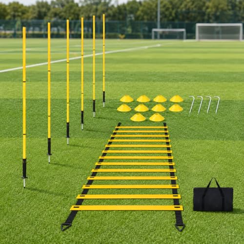 PVC Agility Ladder, 6 Ladder Training, 10 Count Training Cones & 6 Marker Poles, Soccer Football Equipment for Athletes