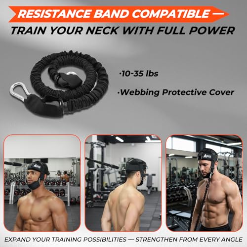 Adjustable Neck Harness for Weight Training with 6 D-Rings, Includes Skull Cap, Resistance Band & Loading Strap - Adjustable Head Harness for Neck Strengthening & Resistance Workout