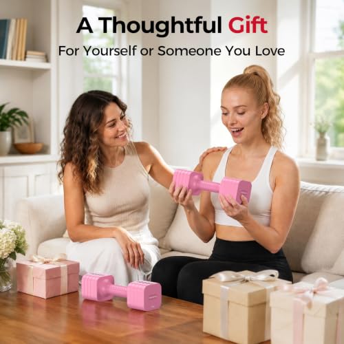 FEIERDUN DB3 5-in-1 Adjustable Dumbbell Set, 6LB/10LB Pair Adjustable Weights for Women at Home, Dual Locking Stable Hand Weights with TPU Soft Handle, Home Gym, Rehab, Pilates, Yoga, Strength Training - color: B-Cute Pink, style: 6LBS Pair (12LBS Total)