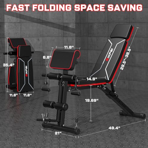 Adjustable Weight Bench - Bench Press for Full Body Workout, Foldable Workout Bench for Home Gym, Strength Training Bench to Incline Decline Flat w/Leg Extension and Pracher Pad (Red)