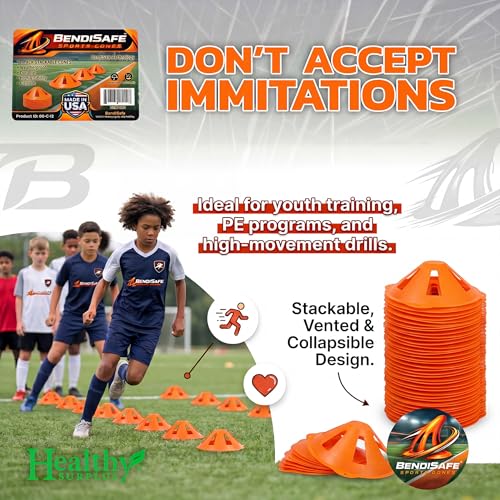 Soccer Training Discs Set of 12 - Flexible Agility Marker Discs for Soccer, Football & Basketball Drills- 7β Base and 2.25β Tall β High Visibility Orange Field Marker Cones - Made in USA - BendiSafe