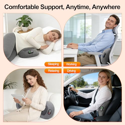 Portable 3-in-1 Electric Lumbar Support Pillow with Heat, Vibration & Traction – Back Massager for Pain Relief & Deep Tissue, Smooth Spine Triple Fusion Back Massager for Bed, Chair, Rechargeable