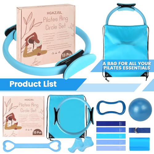 Pilates Kit for Women 13PCS, Pilates Ring and Ball Set with Magic Circle, Resistance Bands Set, Figure 8 Band, Yoga Ring & Grip Socks, Home Workout Equipment Essentials Starter Kit for Beginners - color: Blue