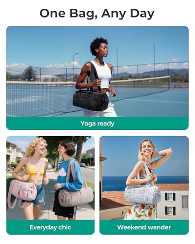 BAGSMART Reiki Gym Bag for Women, Puffy Quilted 15L Yoga Mat Bag with Wet Pocket, Mini 5L Crossbody Dance Bag, 24L Travel Weekender Carry-on Duffle Bag