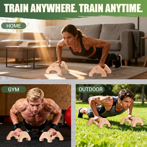 Wooden Push Up Bars, 2 PCS Solid Beech Wooden Parallettes with Embedded Non-slip Feet & Training Poster for Floor, Push Up Stands for Men Strength Training, Planks, Calisthenics & Home Gym Workout