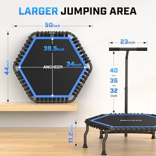 ANCHEER Trampoline, 50'' Rebounder Trampoline for Adult with Bar, Indoor Mini Trampoline, 550LBS Fitness Trampoline with Bungee, Jumping Cardio Equipment, Exercise Trampoline at Home Gym - color: Blue