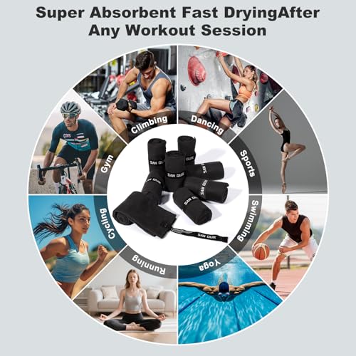 Microfiber Workout Towels - Quick Dry Silver ION Odor-Free, Highly Absorbing, Gym Towels for Men & Women - Sports Sweat Towel for Gym, Yoga, Working Out, Camping, Travel, Set of 8 Black–16x31.5Inch