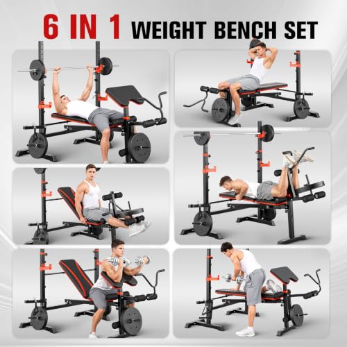 Foldable 1500LBS 8 IN 1 Olympic Weight Bench Set with Squat Rack, Leg Extension/Curl & Preacher Curl, Adjustable Bench Press Set with Safety Bar Catches for Home Gym Full Body Workout