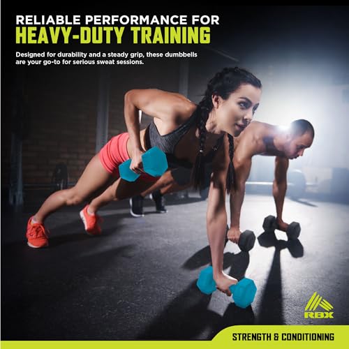 RBX Vinyl Coated Hand Weight Dumbbell Set - Hex Shaped, Roll Free for Body Building/Sculpting/Strength Training Exercise, (Set of 2) - color: Aqua, size: 2lb