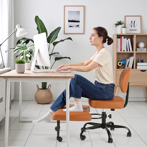Homall Ergonomic Cross Legged Office Desk Chair with Wheels, 360° Swivel and Adjustable Height for Meditation and ADHD,Criss Cross Kneeling Chair with Lumbar Support (Leather, Brown) - color: Brown