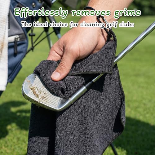 2 Pack Black Golf Towel with Carabiner Clip 12" X 12" Microfiber Waffle Pattern GolfRag GolfTowel with Clip for Cleaning GolfBall Club Putter Iron for Golf Bag Trolly Belt Loop