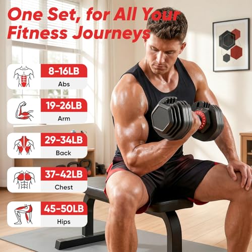 PIRIER Adjustable Dumbbell Set 50LB, 18-in-1 Free Weight Adjustable Dumbbells, One-Hand Twist Adjust, Space-Saving Design, Home Gym Strength Training Equipment for Men & Women