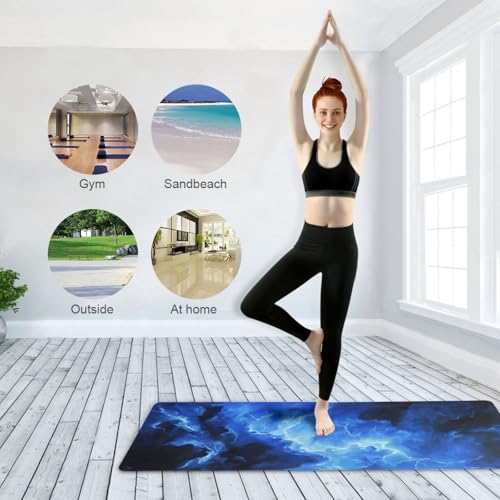 Kigai Travel Yoga Mat 71" x 24" Non Slip Natural Rubber Foldable Exercise Mat Ultra Thin 1.5mm Lightweight for Fitness, Pilates & Home Workout, Blue Lightning