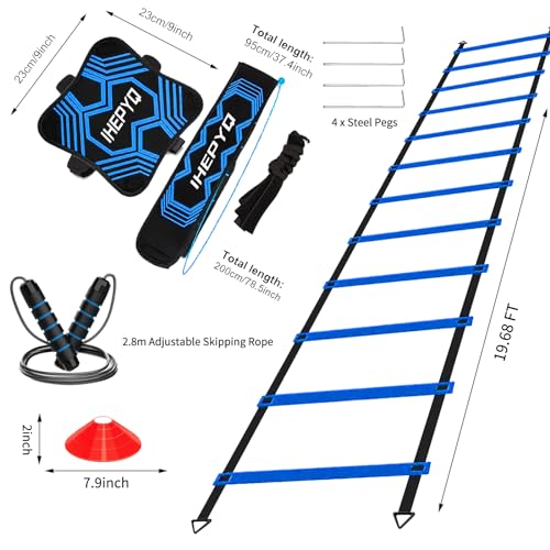 Soccer Agility Training Equipment Set, 12 Rung 20Ft Agility Ladder, 12 Disc Cones, 4 Steel Stakes, Solo Soccer Trainer, Jump Rope - Speed Training Equipment for Soccer Football Basketball