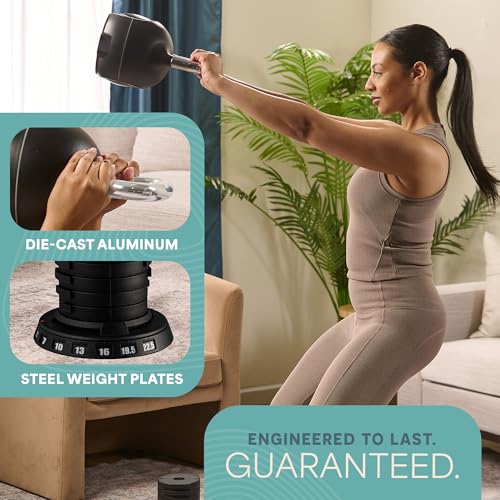 LifePro 7-in-1 Adjustable Kettlebell – PowerStone, Die-Cast Aluminum & Steel, Space-Saving Set with Handle-Twist Adjustment – Strength Training Kettlebell with Storage Base - size: 23.9 Pounds