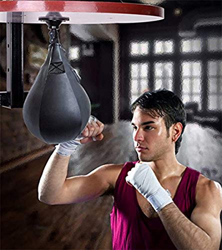 Punching Bag Boxing Speed Bag Swivel Set with Black Leather Ball & Pump - Professional Speed Ball Muay Thai Exercise Equipment Kit (Black)
