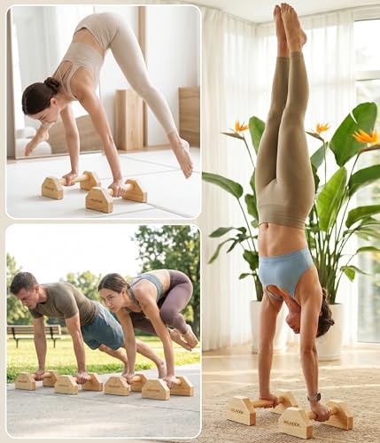 Parallettes Push Up Bar, Oak Calisthenics Equipment for Handstand Training, Wooden Push-Up Stand Handles with Non-Slip Base for Core & Upper Body Strength Training, 550 lbs Capacity