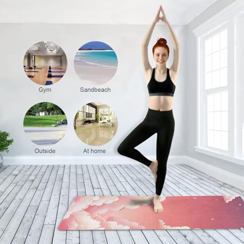 Kigai Travel Yoga Mat 71" x 24" Non Slip Natural Rubber Foldable Exercise Mat Ultra Thin 1.5mm Lightweight for Fitness, Pilates & Home Workout, Pink Clouds