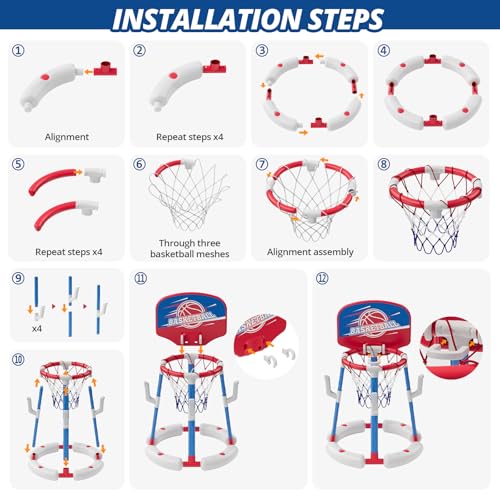 HYES 2 in 1 Pool Basketball Hoop with Ring Toss, Floating Pool Toys, Red - style: with backboard