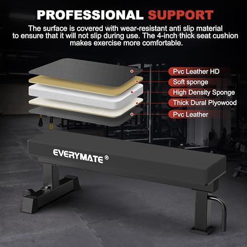 Flat Bench, 4" Thick HeftyGrip Vinyl Pad, Rated 1,200 LB, Flat Benches for Home Gym & Strength Training, Professional Grade Flat Weight Bench Made of Heavy Duty 3"*3" Tube (Black)