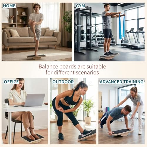 Balance Board Trainer Set with Resistance Bands for Adults Wooden Wobble Board for Core Strength, Stability & Balance Training, Includes 3 TPE Exercise Bands