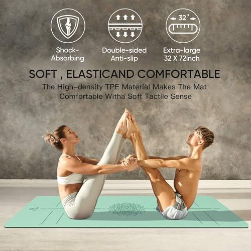 Gruper Yoga Mat Non Slip TPE Extra Wide Yoga Mat with Alignment Mark, 72"L x 32"W x 0.32"/0.24"Th (183cm x 80cm x 8mm/6mm), Anti-Tear Exercise Mat with Carrying Strap and Bag, Workout Mats for Yoga, Pilates