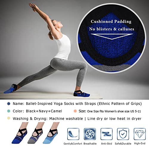 Ozaiic Pilates Socks for Women Non Slip Grip Yoga Barefoot Indoor Workout - color: 3 Pairs -Blue/Gray/Dark Blue