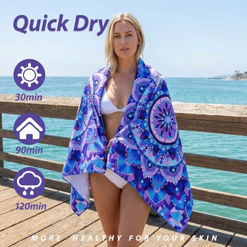 Microfiber Beach Towel, Quick Dry Travel Towel Large Sand Free Towel for Beach, Camping, Swim Pool, Gym, Sports& Yoga 71"x32", Tie Dye Mandala