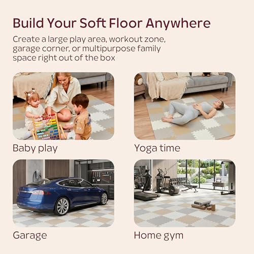 Foam Play Mat for Floor - 12 Interlocking Tiles 35x47 in, 0.6" Thick Puzzle Mat for Baby, Toddler & Home Gym, Cross-Texture EVA Foam, Edge Borders Included, White Tan Gray