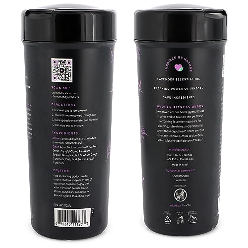 Wipex Yoga Mat Cleaner & Fitness Wipes - Natural Lavender & Vinegar Gym Equipment Cleaner - 75 Gym Wipes to Clean Yoga Mats, Spinning & Peloton Bikes, Weight Machines & Surfaces