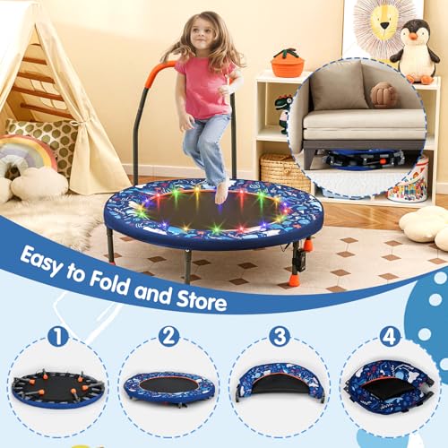 Goplus Foldable Toddler Trampoline for Kids, 36'' Recreational Mini Trampoline w/20 LED Lights, Foam Handle, Padded Safety Cover, Indoor Outdoor Exercise Rebounder for Boys Girls Aged 3-6 - style: Navy-Ocean