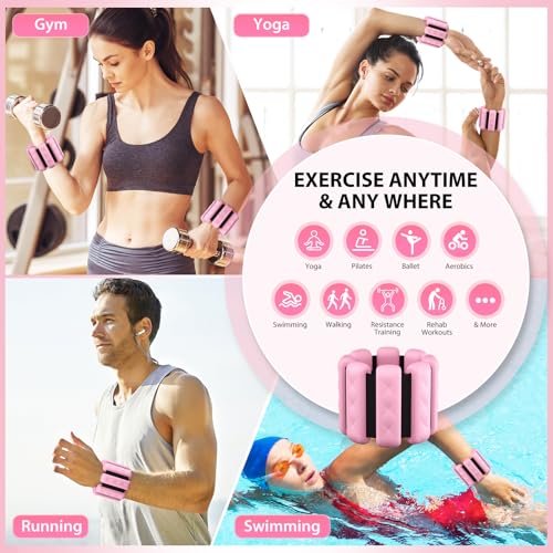 Pilates Wrist and Ankle Weights for Women - Adjustable Weighted Bangles for Men, 2 lbs Weighted Arm Bands Foot Leg Weights for Walking, Yoga, Training, Exercise, Running, Set of 2 (1LB Each) - color: Light Pink