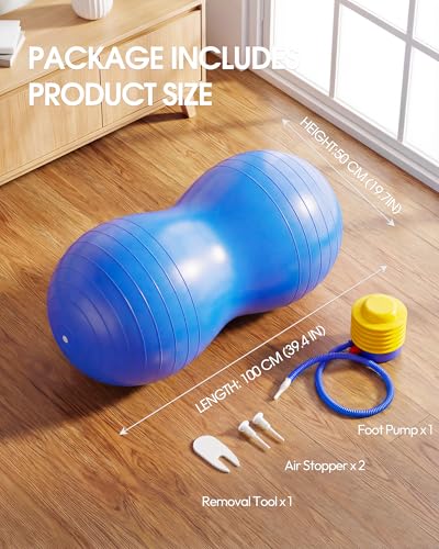 Premium Peanut Ball - 100x50cm Anti-Burst Exercise Ball for Physical Therapy, Pregnancy Labor & Home Fitness Sensory| Non-Slip Design | Quick-Inflate Pump Included - color: blue