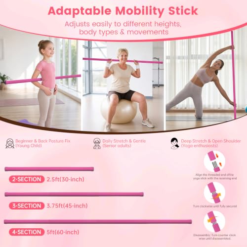 Yoga Stick Sturdy Steel, 5 Ft Adjustable Stretching Stick for Mobility, Flexibility and Balance, Versatile Exercise Stick with Non-Slip Ends and Foam Handles for Fitness, and Posture - color: pink