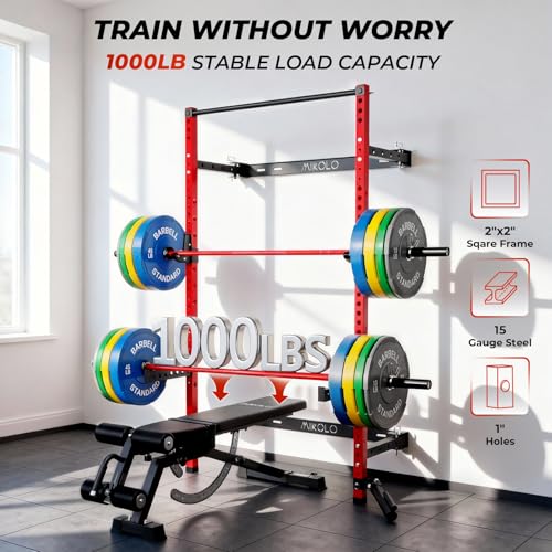Mikolo 2" x 2" Folding Wall Mounted Squat Rack, 1000 Pounds Capacity Power Rack with Pull Up Bar, J Hooks and Other Attachments, Space-Saving Home Gym - color: Red, style: Home Gym Package (230 LBS)