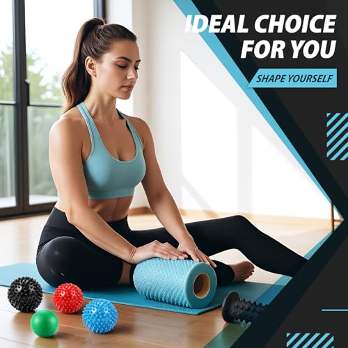5 Pcs Massage Ball and Foot Roller Set, 3-in-1 Set with Spiky Ball Lacrosse Balls Massage Roller Carrying Bag, Foot Massager for Plantar Fasciitis Relief Muscle Pain